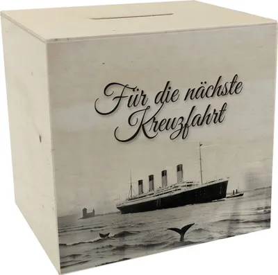 Produktbild von Für die nächste Kreuzfahrt Spardose aus Holz mit Titanic-Motiv