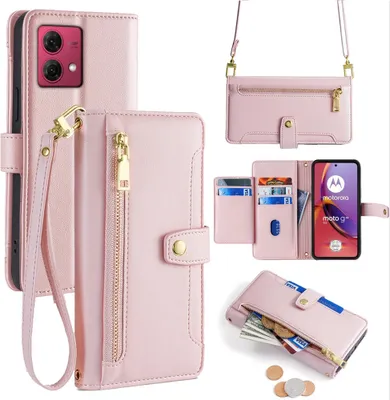 Produktbild von Handykette Motorola Hülle mit Band Handyhülle Kartenfächer Leder Umhängetasche Moto G84 Rosa