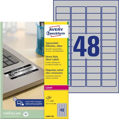 Image de Avery Durable Heavy Duty L6009 - polyester - adhésif permanent - argent - 45,7 x 21,2 mm 4800 étiquette(s) (100 feuilles de 48) étiquettes (L6009-100)
