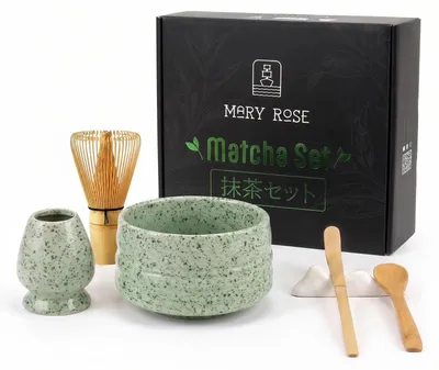 Produktbild von Mary Rose - Matcha Tee Set Rokku - Grün Keramik Matchawan Schale 500ml - Bambus Chasen Besen, Halter, Löffel - Geschenkbox