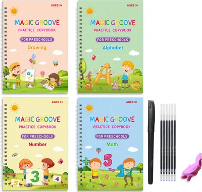 Imagen del producto de 4 cuadernos de práctica para aprender caligrafía, reutilizables, para niños de 3 a 8 años