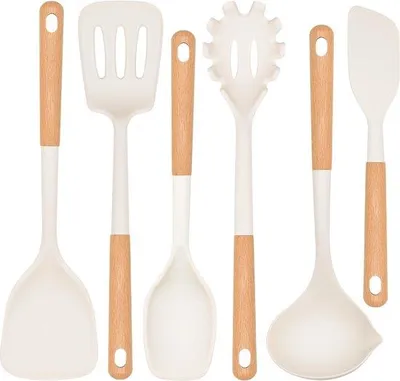 Image de Set d'ustensiles de cuisine en silicone, 6 pièces, résistant à la chaleur, manche en bois, blanc, sans BPA, set d'ustensiles de cuisine, lavable au lave-vaisselle