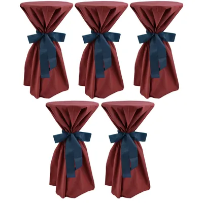 Produktbild von 5 Stück Stehtischüberwürfe Sensalux, Überwurf bordeaux Schleifenband blau