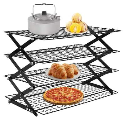 Image de Grille de ventilation à 4 niveaux - Grille de cuisson et de rôtissage - Pliable - Empilable - Revêtement antiadhésif - 40 x 25 x 31,5 cm - Noir