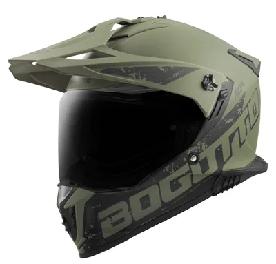 A studio shot of a green and black enduro helmet.