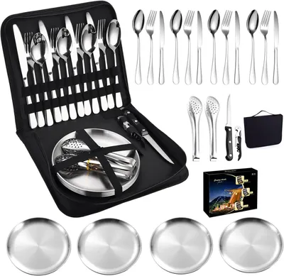 Produktbild von Campinggeschirr 20-teilig, für 4 Personen, Edelstahl, mit Besteck und Tellern, für Camping