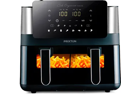 Produktbild von PRIXTON Heißluftfritteuse 8 Liter Cook Organics | Airfryer mit Doppelkammer (2 x 4L Kammer), Fenster, Touchscreen, leuchtendem Design, Schwarz