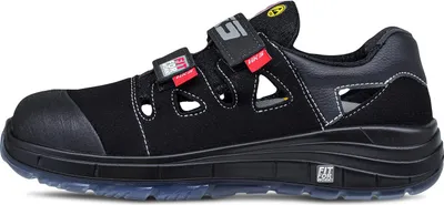 A black safety sandal is shown from the side against a white background.