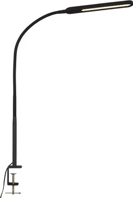 A black LED desk lamp with a clamp base is shown against a white background.