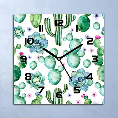 Produktbild von Wanduhr Echt-Glas-Küchenuhr Aquarell Kakteen Quarz Lautlos 30x30 Deko Bilder