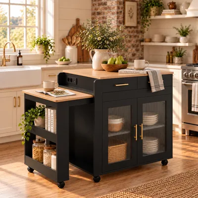 Obrázek produktu pro MODFU Kuchyňský ostrůvek, černý, servírovací vozík s výsuvnou pracovní deskou, 116–177 cm, vozík do kuchyně s kolečky a 2 zásuvkami a USB porty A/C, velký úložný prostor, vhodný pro 2–4 osoby