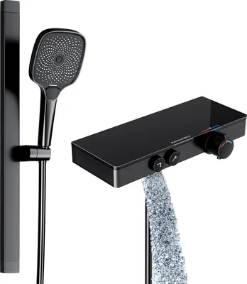 A black shower fixture set with a hand shower on a rail and a thermostatic mixer with a waterfall spout.