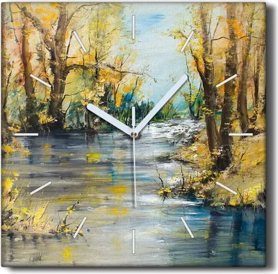 Produktbild von Coloray Hodiny Unikátní 30x30 cm  Tiché hodiny Pro obývací pokoj a kuchyň Nástěnné hodiny Plátno Černé ručičky hodin - Příroda říčního lesa
