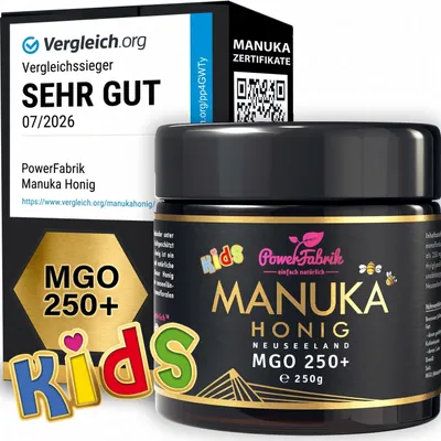 Produktbild von Manuka Honig Kinder | MGO 250+ | 250g | HALAL | Das ORIGINAL aus NEUSEELAND | Manuka Kids | PUR, ROH & | 100% natürlich | PowerFabrik, KI-generiertes Bild