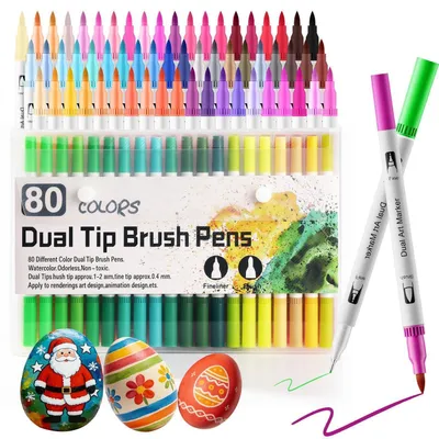 Produktbild von Acrylstifte Set 80 Farben Wasserbasiert Abwaschbar Doppelseitige Spitze Pinsel Aquarell Marker für Malen Zeichnen Basteln