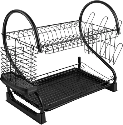 Produktbild von PolkaHome® Abtropfständer 2-stufig, Geschirrständer mit Tassenhalter und Besteckkorb, Raumsparender Geschirrabtropfer aus Metall, Schwarz