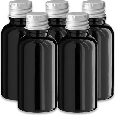 Produktbild von 5x Glasflasche schwarz 30 ml mit silbernem Aluminium Schraubverschluss