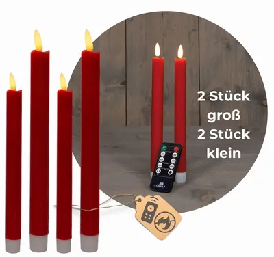 Produktbild von Sparset Stabkerzen LED mit Timer Klein+Groß ROT 4 Stück ROT indoor - 6 Stunden - ECHTWACHS 18cm+23cm Höhe für Kerzen 2,2cm Durchmesser 2 AAA Batterien notwendig LED Stabkerzen flackernde Flamme