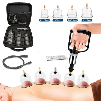 Produktbild von Vakuum Schröpfkopf Set - 12-teiliges Massage Set - Manuelle Handpumpe - Unterdruck Saugwirkung - Kunststoff Schröpfen - Für Rückenmassage