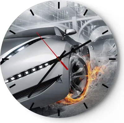 Produktbild von Wanduhr - Rund - Glasuhr - Sportwagen Sport Rennen Geschwindigkeit - 40x40cm - Schleichendes Uhrwerk - Lautlos - zum Aufhängen bereit - Dekoration Modern - Wanddekoration aus Glas - C3AR40x40-2650