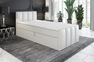 Produktbild von Boxspringbett, Jugendbett FUNI 90x200 (Rechts) mit Bettkästen, Bonell-Matratze und Topper. Farbe:Weiß.