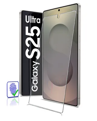 A screen protector is shown in front of a phone case with the text "Ultra S25 Galaxy" on it. A fingerprint icon is also visible.