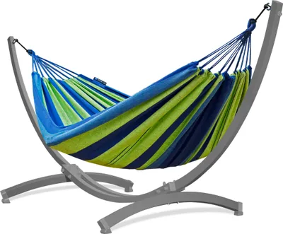 Produktbild von Potenza Outdoor Hängematte mit Tytan Gestell für 2 Personen I Baumwolle Doppelhängematte XXL 220x160, 200kg I Grau Hängemattengestell 350 kg, wetterfest