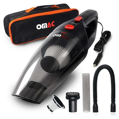 A black and transparent handheld vacuum cleaner with accessories and a storage bag, displayed on a white background.