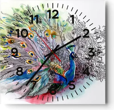 Produktbild von Wanduhr - Quadrat - Glasuhr - Pfau Feder Farbe - 40x40cm - Schleichendes Uhrwerk - Lautlos - zum Aufhängen bereit - Dekoration Modern - Wanddekoration aus Glas - C4AC40x40-3556