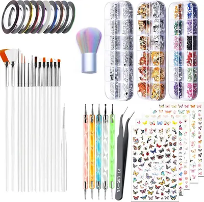 Produktbild von Nagelsticker und Nageldesign - 5 Nagelsticker, Pinsel, Strasssteine, Streifenband - 1Set