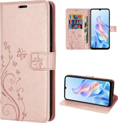 A collage of images showing a rose gold flip phone case with a floral design, including a view of the case open with cards and cash inserted, and a view of the case with the phone inside.