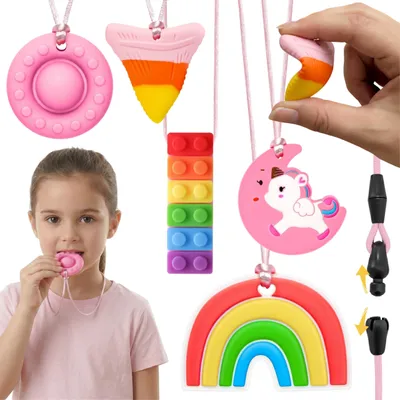 Produktbild von CLDY Set mit sensorischen Beißringen für Kinder, therapeutische Halsketten, Silikon-Beißringe für Mädchen – 5 Stück