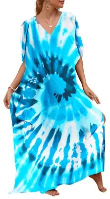 Produktbild von Kaftan Strandkleid Damen, kurze Ärmel, One Size, Blumenmuster, für den Sommer