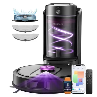 A robot vacuum cleaner and its accessories are displayed against a white background.
