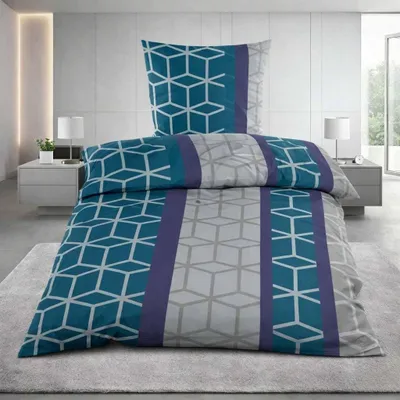Produktbild von Fleece Bettwäsche 135x200 cm 2 tlg. mit Reißverschluss Winter Garnitur in Blau Grau geometrisch gemustert