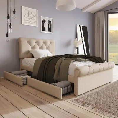 A bedroom scene with a bed, artwork, and a large window.