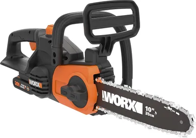 A black and orange electric chainsaw is shown against a white background.