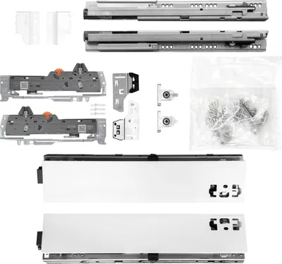 Produktbild von BLUM Schubladenschienen TANDEM SET; Zargenhöhe 83mm, mit TIP-ON BLUMOTION Einheit, 65kg, NL450mm, Seidenweiß, bis KB600mm