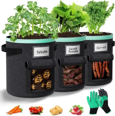 Produktbild von Kartoffel Pflanzsack 38 Liter 3 Stück: Pflanzsäcke mit Griffen und Sichtfenster Kartoffelpflanzsäcke Kartoffelsack zum Pflanzen für Gemüse Blumen Früchte (Schwarz, 10 Gallonen)