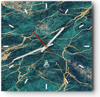 Produktbild von Wanduhr - Quadrat - Glasuhr - Abstraktion Gold Türkis - 40x40cm - Schleichendes Uhrwerk - Lautlos - zum Aufhängen bereit - Dekoration Modern - Wanddekoration aus Glas - C3AC40x40-4564