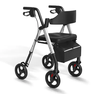 Obrázok produktu pre Chodítko pre seniorov – s možnosťou sedenia – skladacie – s ľahkou hliníkovou konštrukciou – s kolesami o priemere 20 cm – striebornej farby