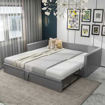 Produktbild von Łóżko rozkładane Merax 90x200cm/180x200cm, rozkładana sofa z listwowym stelażem i podłokietnikami, łóżko tapicerowane aksamitem łóżko dziecięce sofa rozkładana