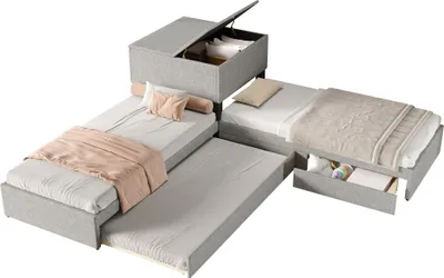 Produktbild von MODFU Polsterbett Eckbett 90x200 mit Ausziehbett Jugendbett zwei Einzelbett Funktionsbett mit Stauraumschublade ohne Matratze Leinen grau