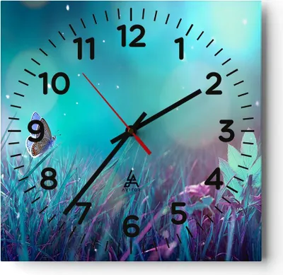 Produktbild von Wanduhr - Quadrat - Glasuhr - Schmetterling Wiese Blume - 30x30cm - Schleichendes Uhrwerk - Lautlos - zum Aufhängen bereit - Dekoration Modern - Wanddekoration aus Glas - C4AC30x30-4077