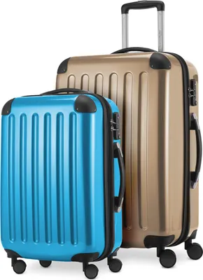 Immagine prodotto di Alex - Set di 2 bagagli a mano + valigia media, set di valigie Resekofffer trolley a guscio duro in policarbonato lucido, blu ciano champagne