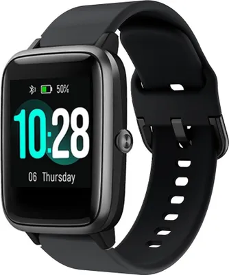 A black smartwatch with a digital display showing the time and date.