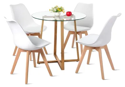 Immagine prodotto di Set da pranzo composto da tavolo e 4 sedie, forma rotonda, piano in vetro, colore bianco, stile nordico, dimensioni 80x80x75 cm