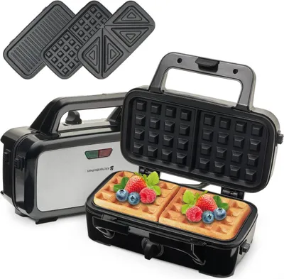 Produktbild von KitchenBrothers 3-in-1 Waffeleisen - Sandwichmaker - Kontaktgrill - Wechselbare Platten - Edelstahl