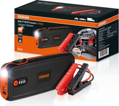 A product shot of a car battery jump starter and its packaging.