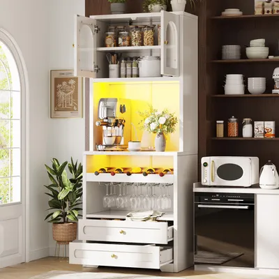 Produktbild von Flieks 180cm Hochschrank mit gewölbten Glastüren, LED-Beleuchtung, Küchenschränke mit einstellbare Böden, Weinregal, USB-Anschluss, Sideboard, Weiß